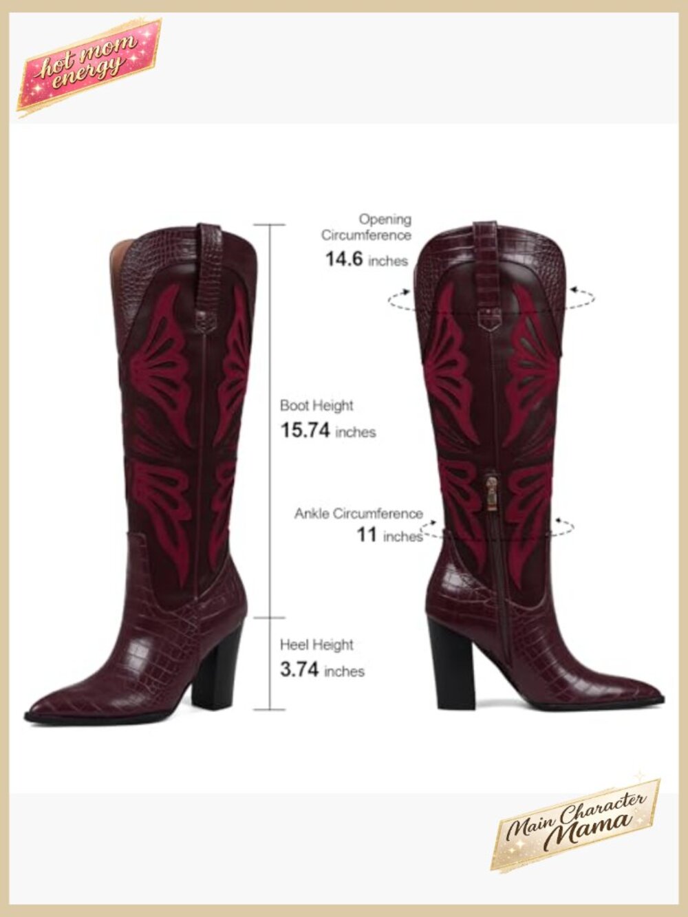 Pointed Toe Chunky Heel Cowboy Boots Knee High Embroidered Butterfly Western - Picture 6 of 7
